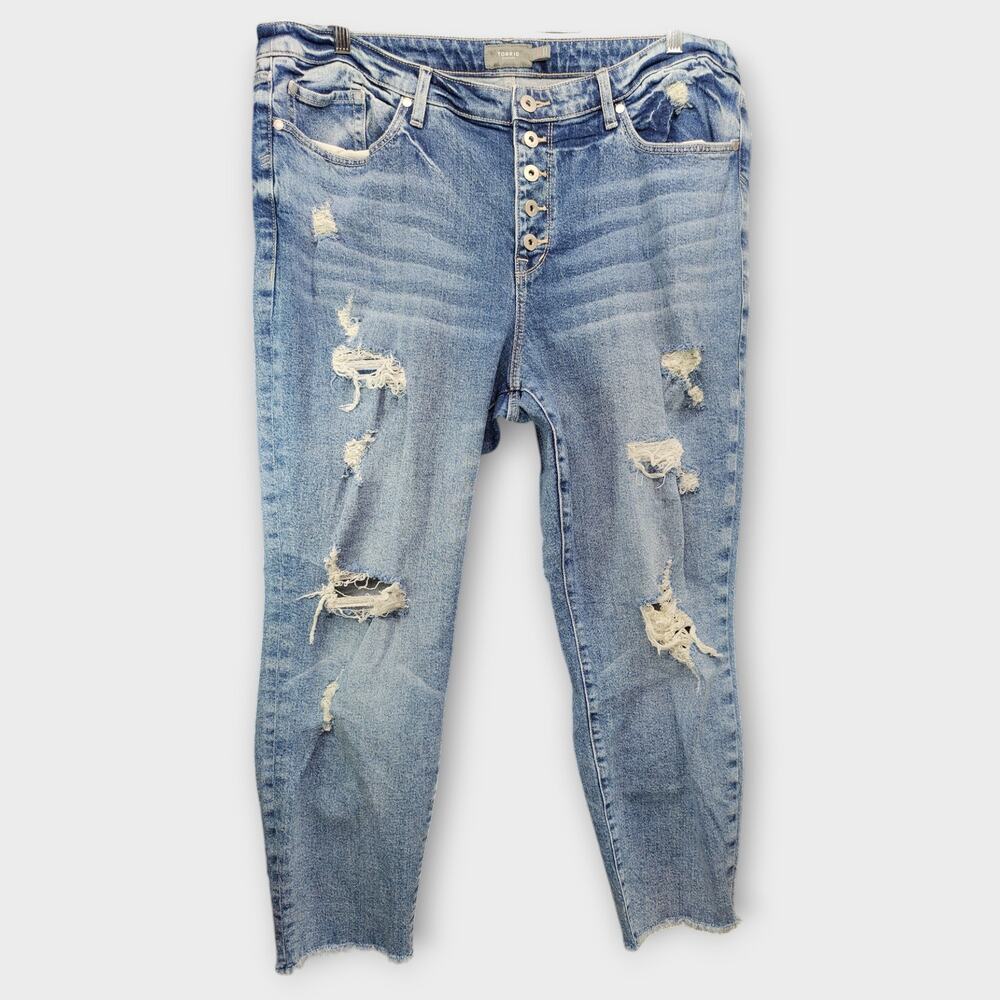 Womens TORRID Feel The Fit Ripped Distressed Raw Hem Blue Jeans Size 20T - Picture 2 of 7
